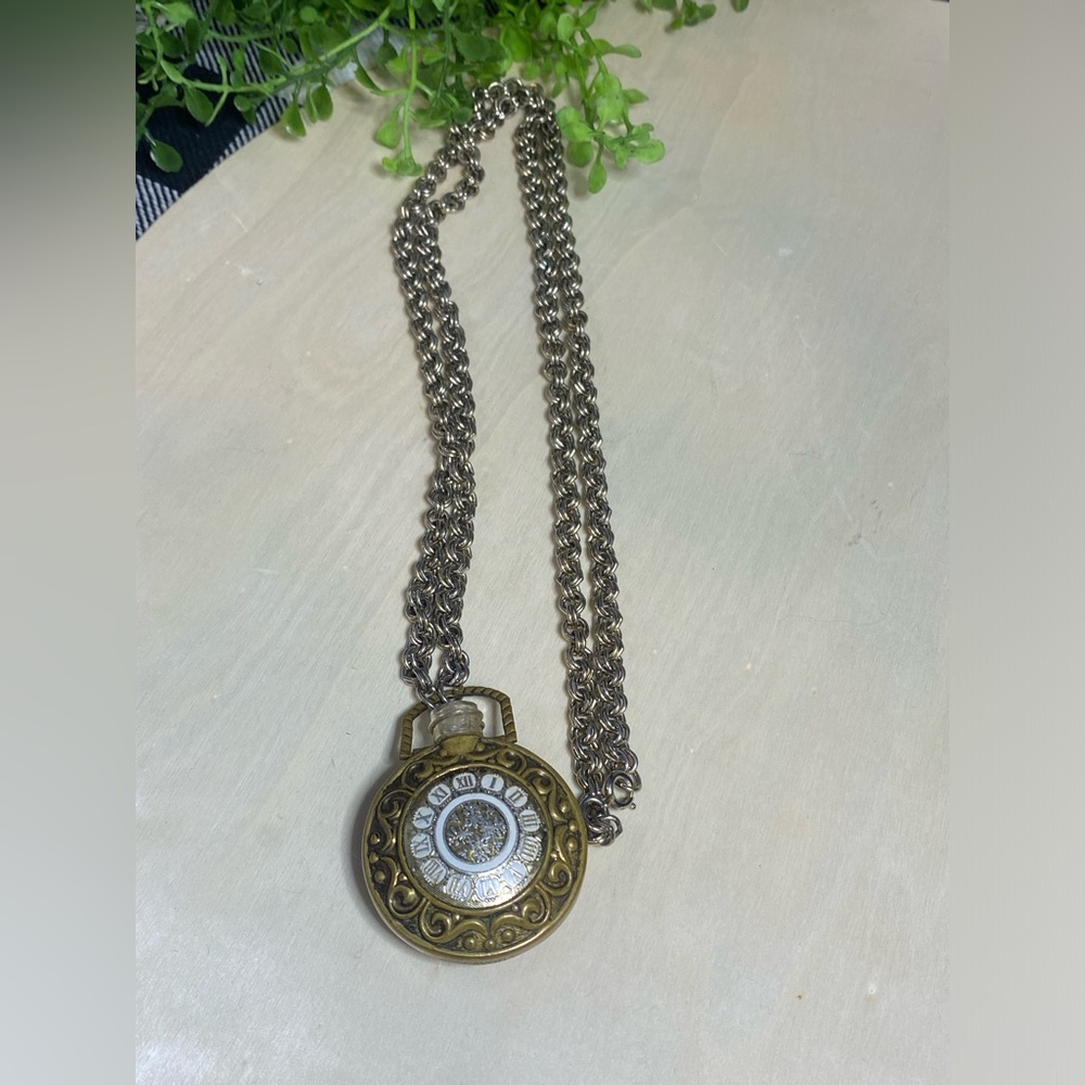 VINTAGE AVON MOON WIND ENAMEL POCKET WATCH CLOCK NECKLACE PENDANT PERFUME BOTTLE